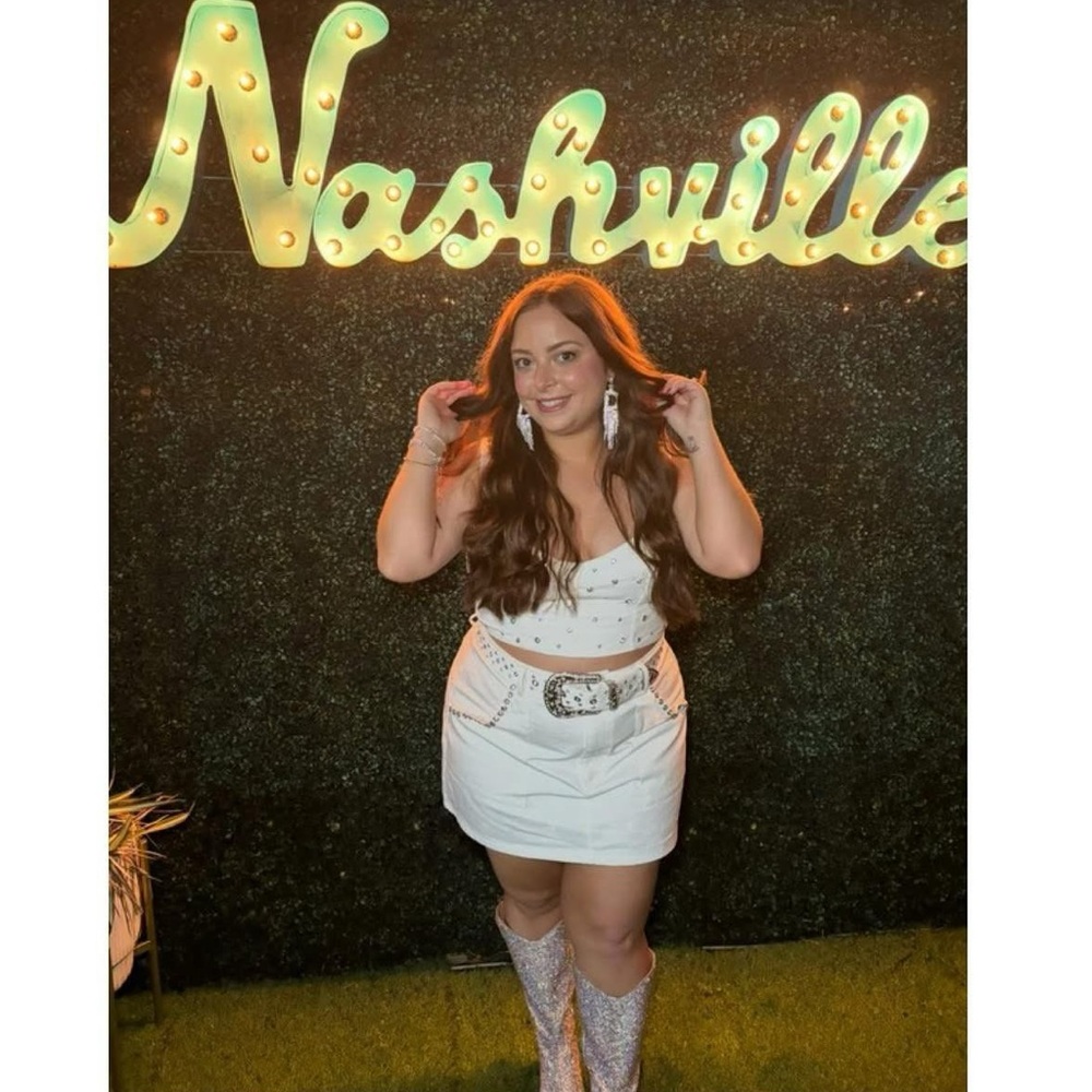 Show Me Your Mumu Shania Top in Rhinestone White Denim